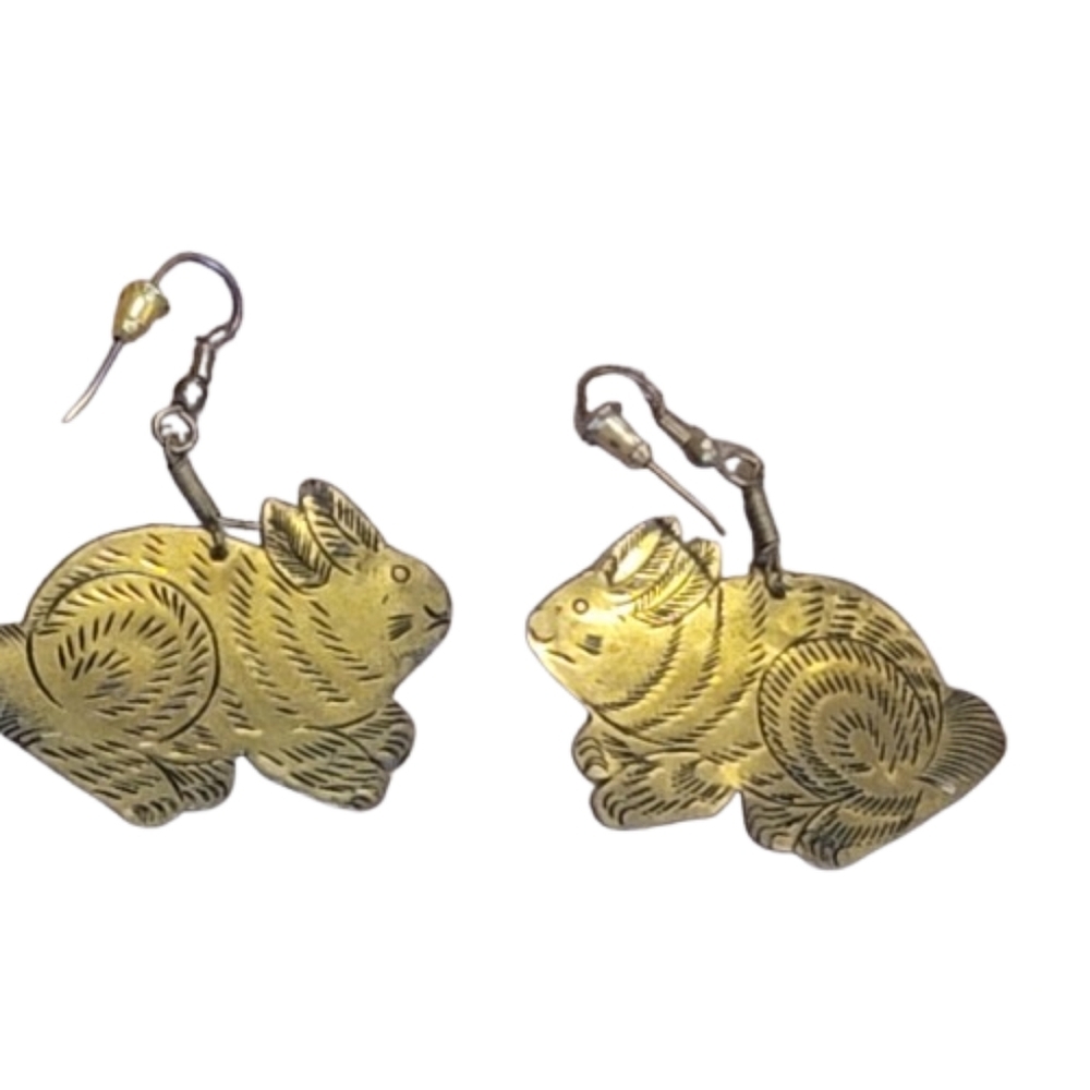 Thailand Bunny Rabbit  Earrings Gold Etched Brass Vintage